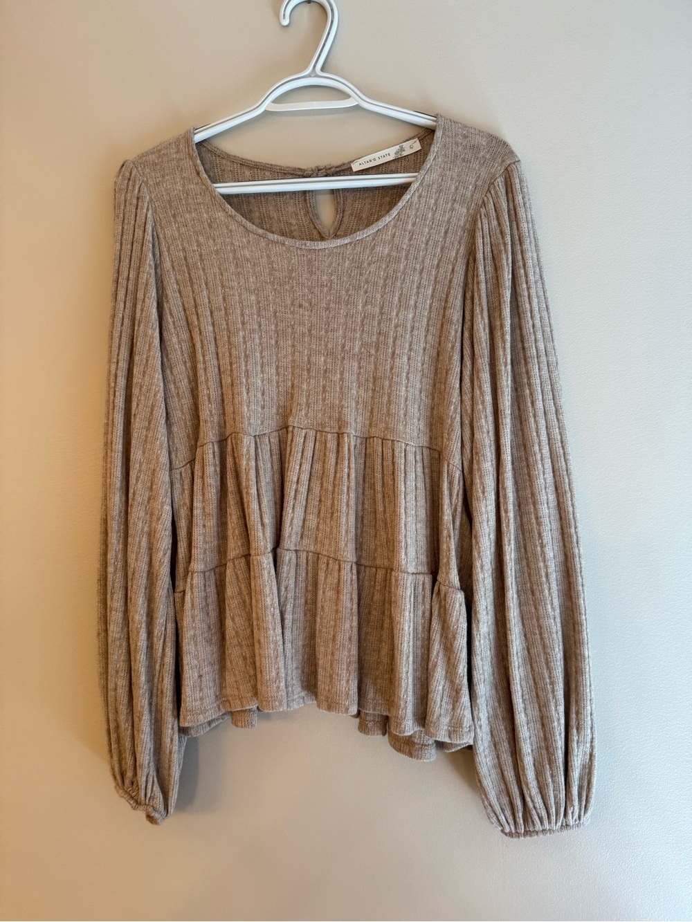 Altard State Taupe Ribbed Peplum Long-Sleeve Top